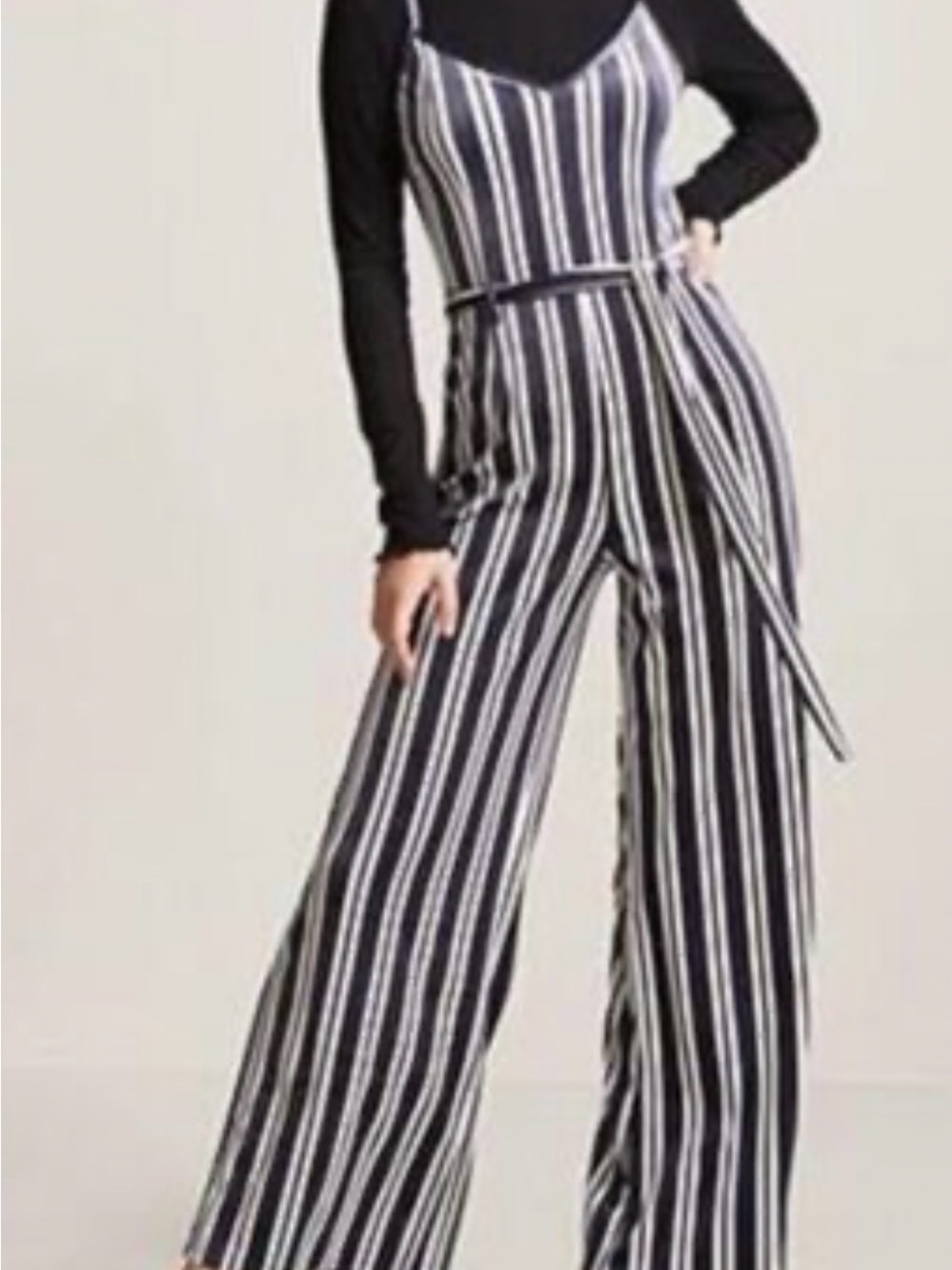 Forever 21 Navy & White Vertical Stripe Wide-Leg Jumpsuit Sz Small - Picture 2 of 14